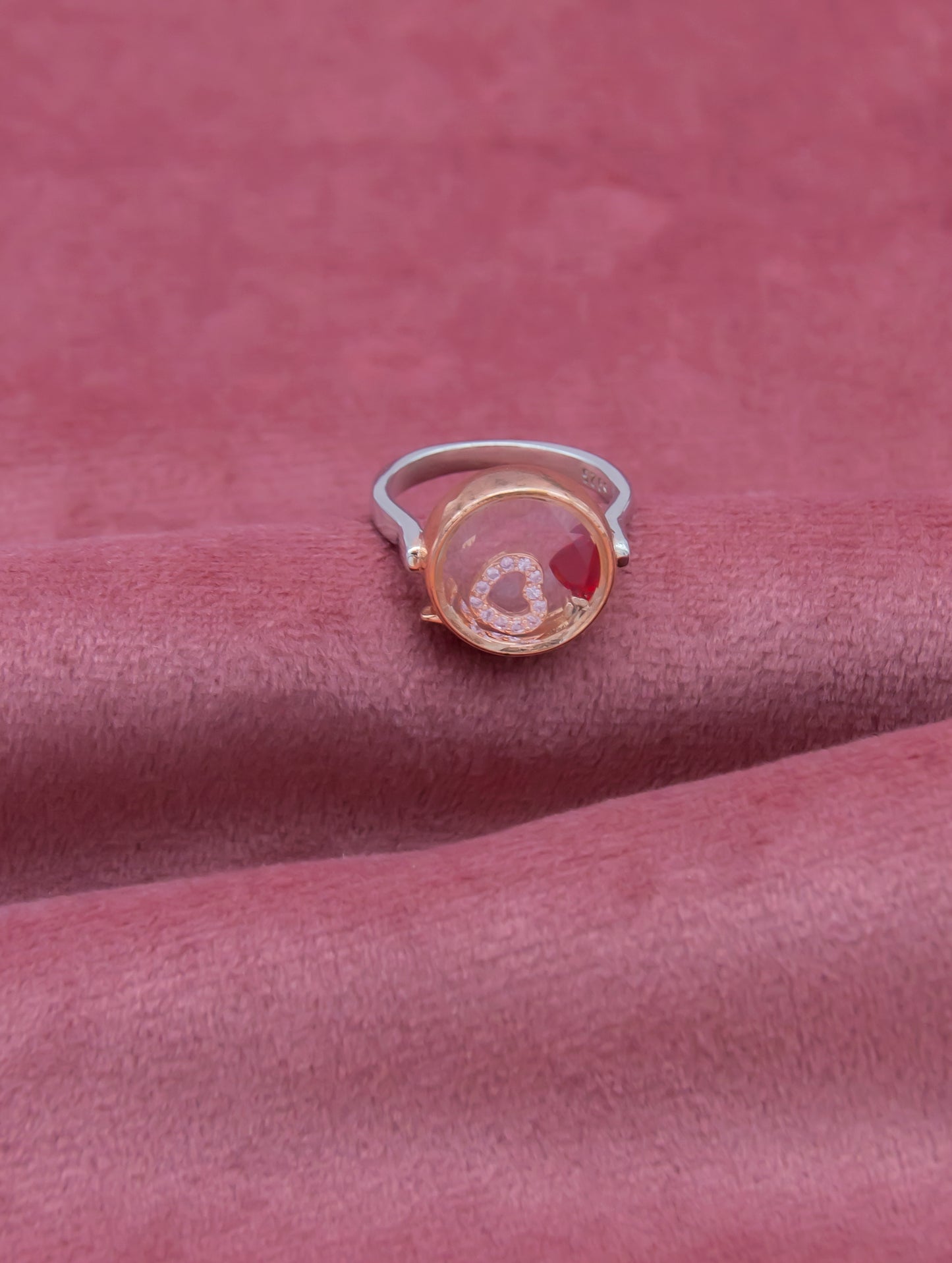 925 Silver Gold Plated Heart Inside Ring