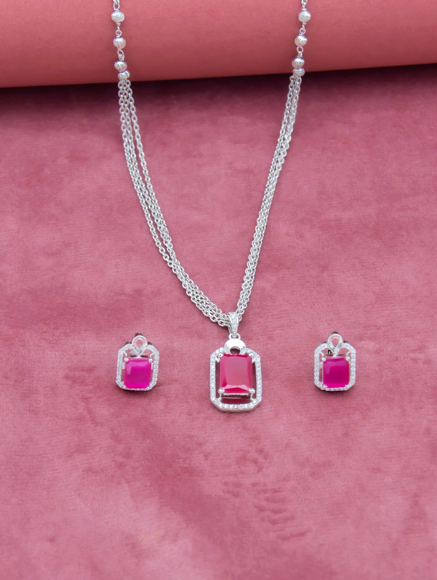 925 Silver Pink Ruby Pendant Set