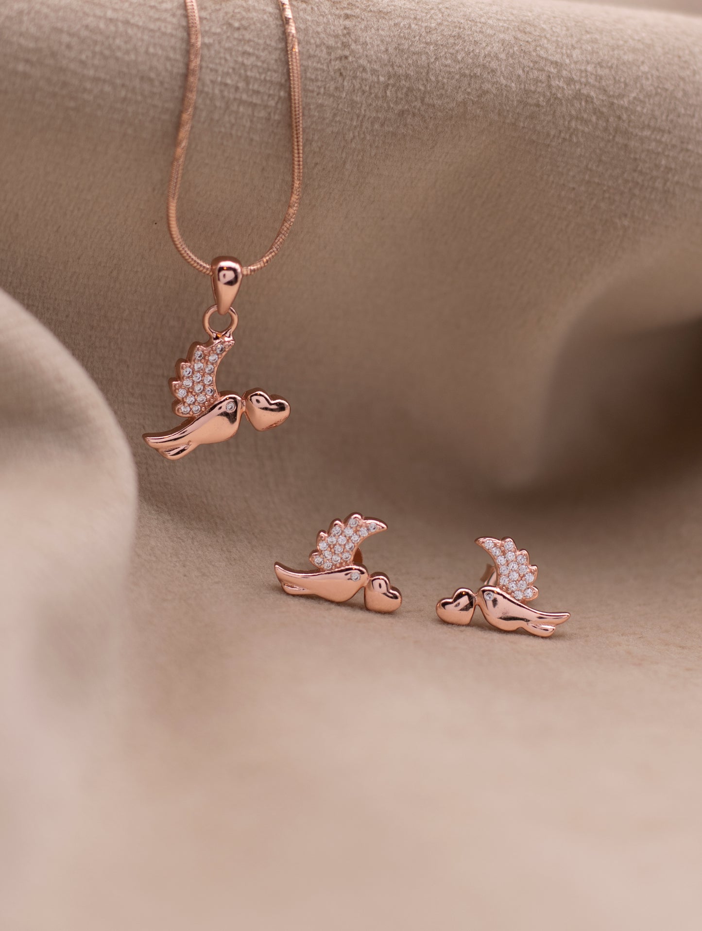 925 Silver Rose Gold Platted Bird Pendant Set